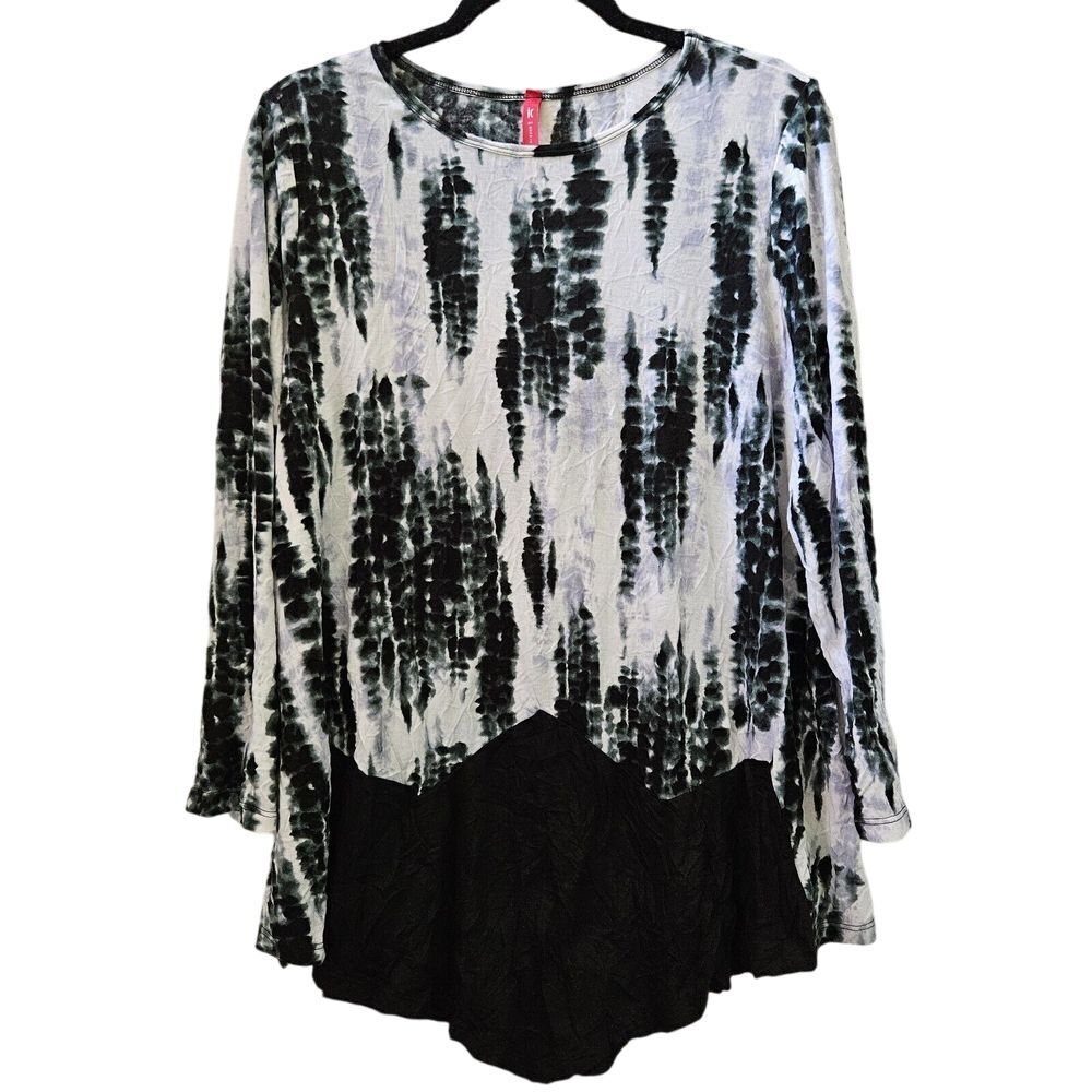 IC By Connie K Black White Tie Dye Textured Asymmetrical Hem Lagenlook Tunic L
